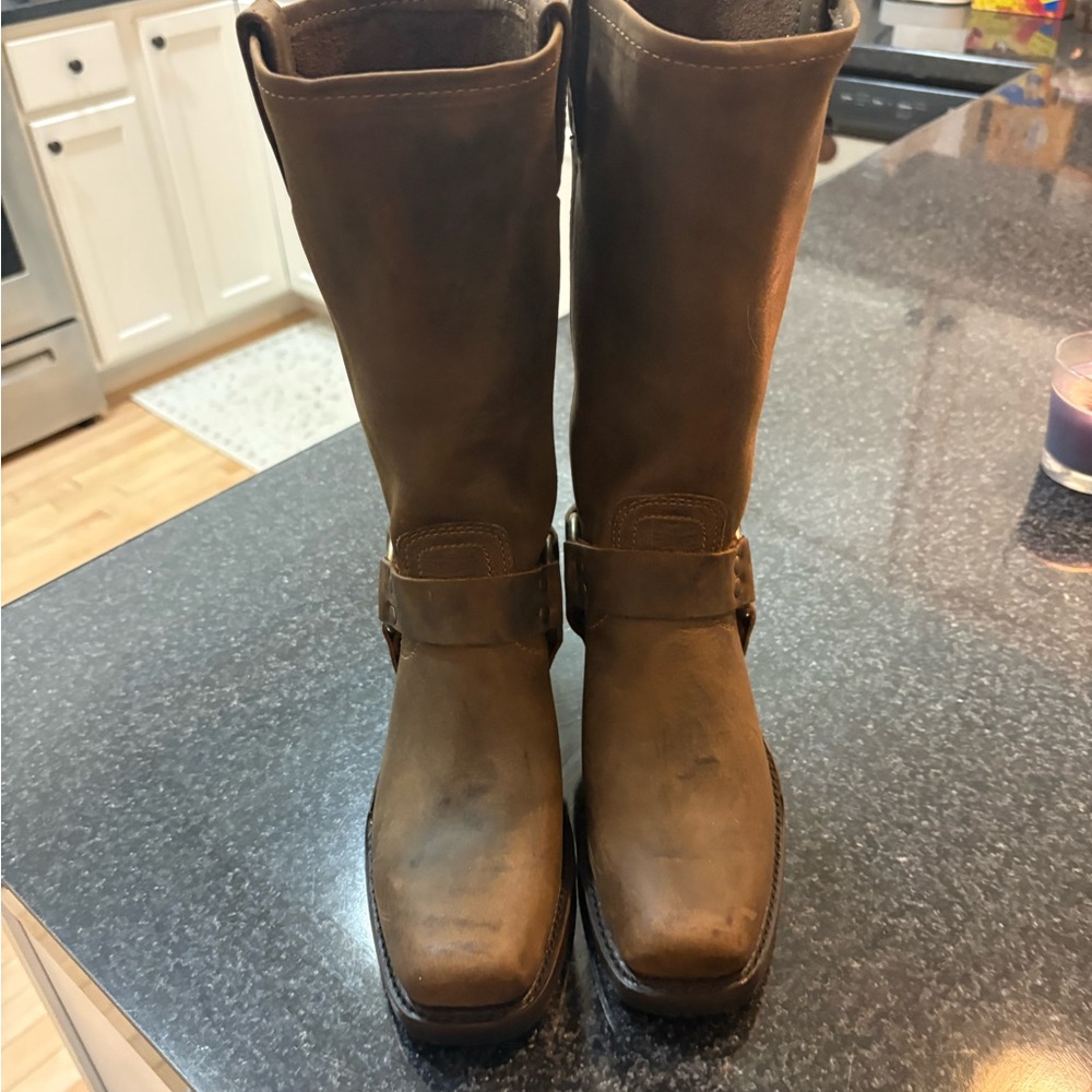 Frye Brown Leather Mid-Calf Harness Boots